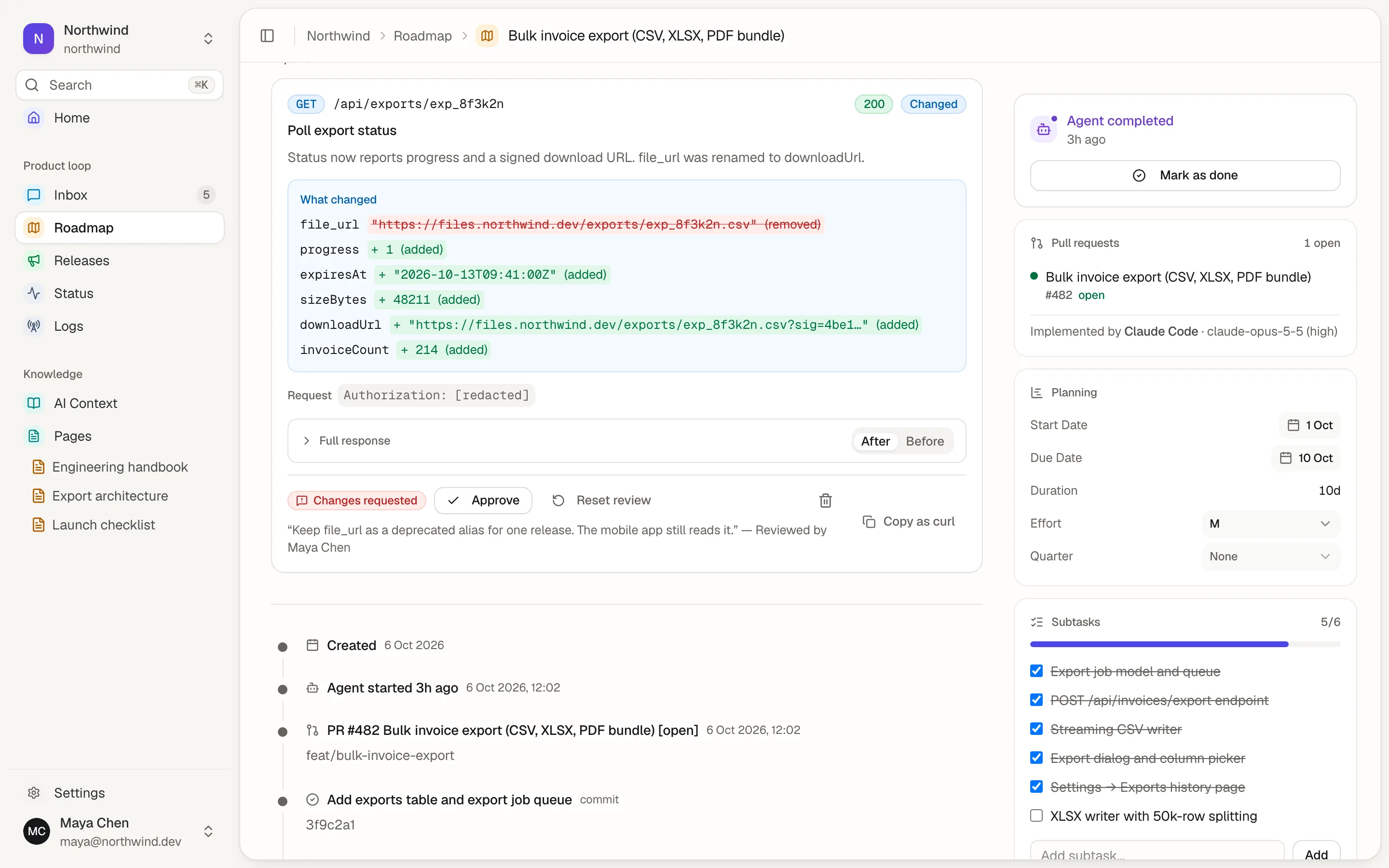 API changes tab of a Damper task showing a request, its response and a field-level list of what changed
