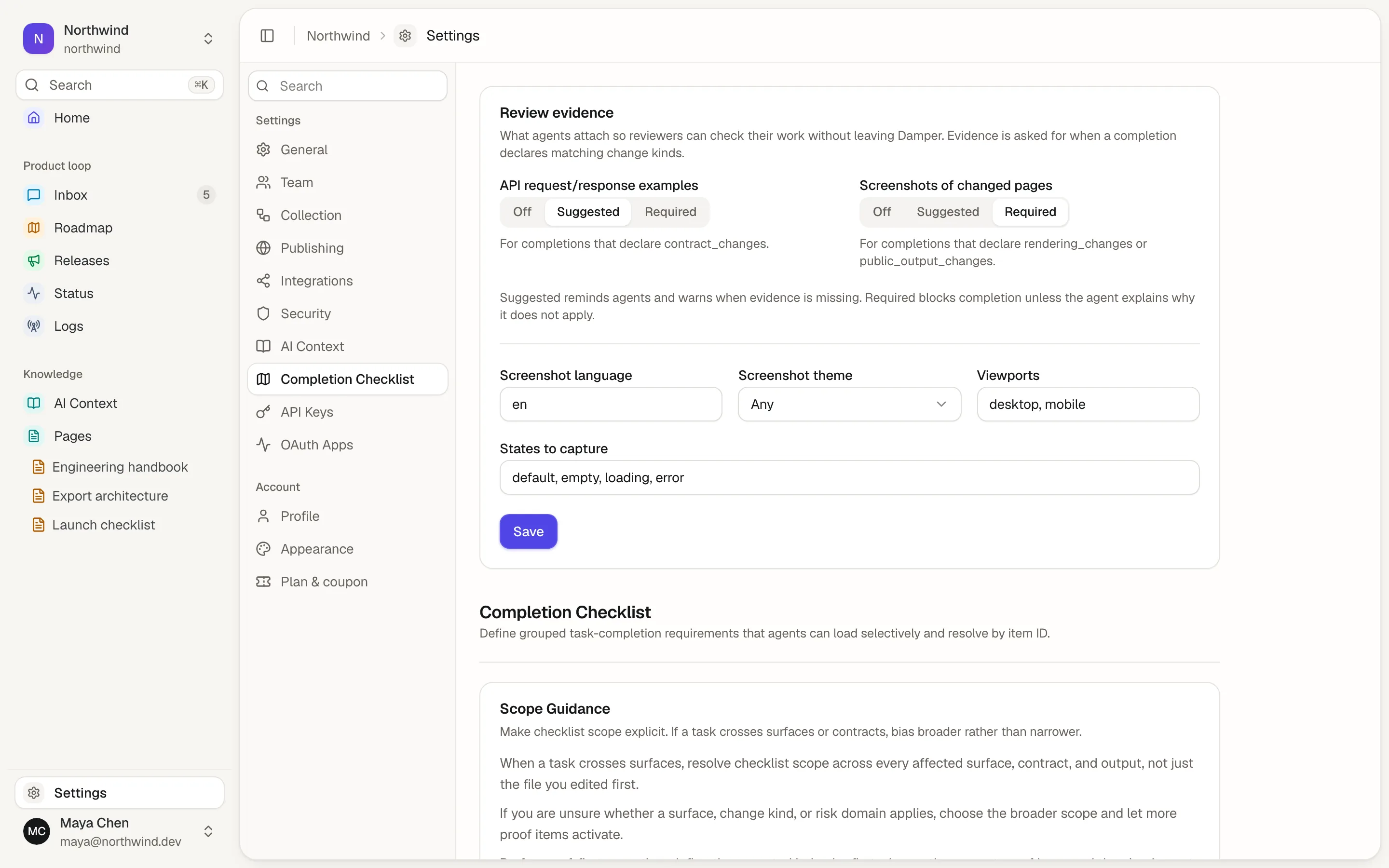 Review evidence settings in a Damper project: off, suggested or required for API examples and screenshots, plus theme, viewports and states