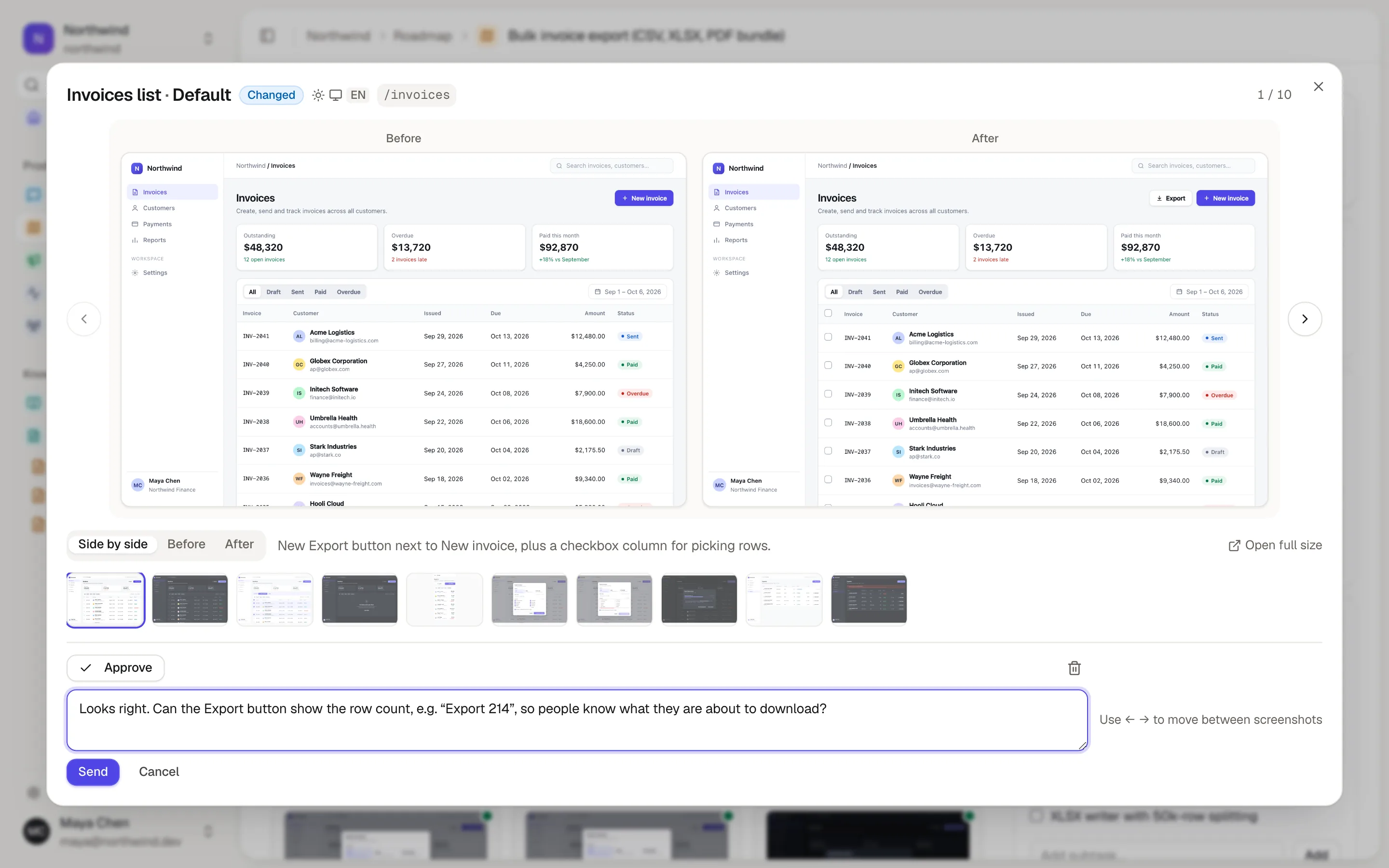 Damper’s screenshot viewer showing a page before and after an agent’s change, with Approve and Request changes buttons