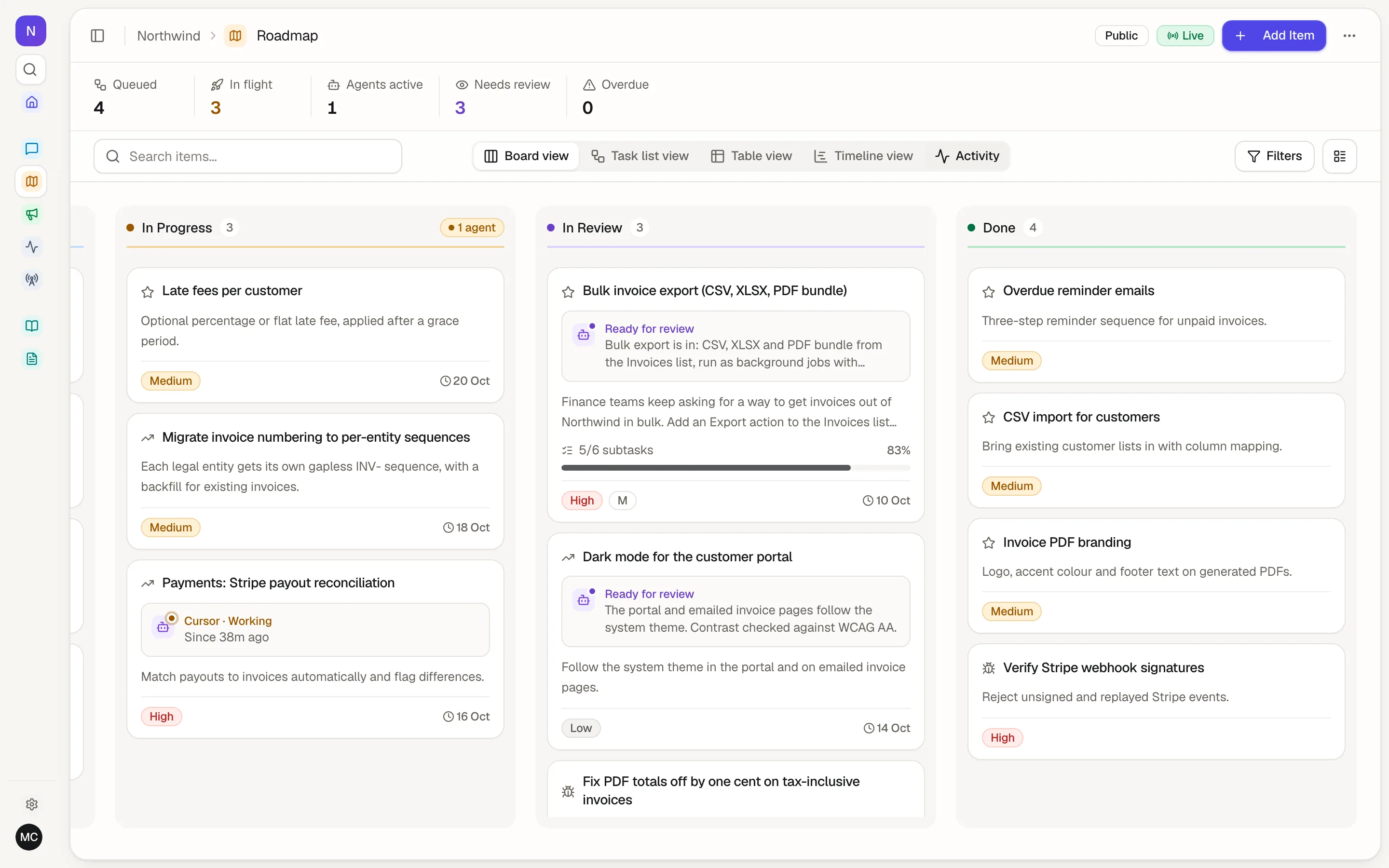 Damper roadmap board with tasks in Planned, In progress and In review columns